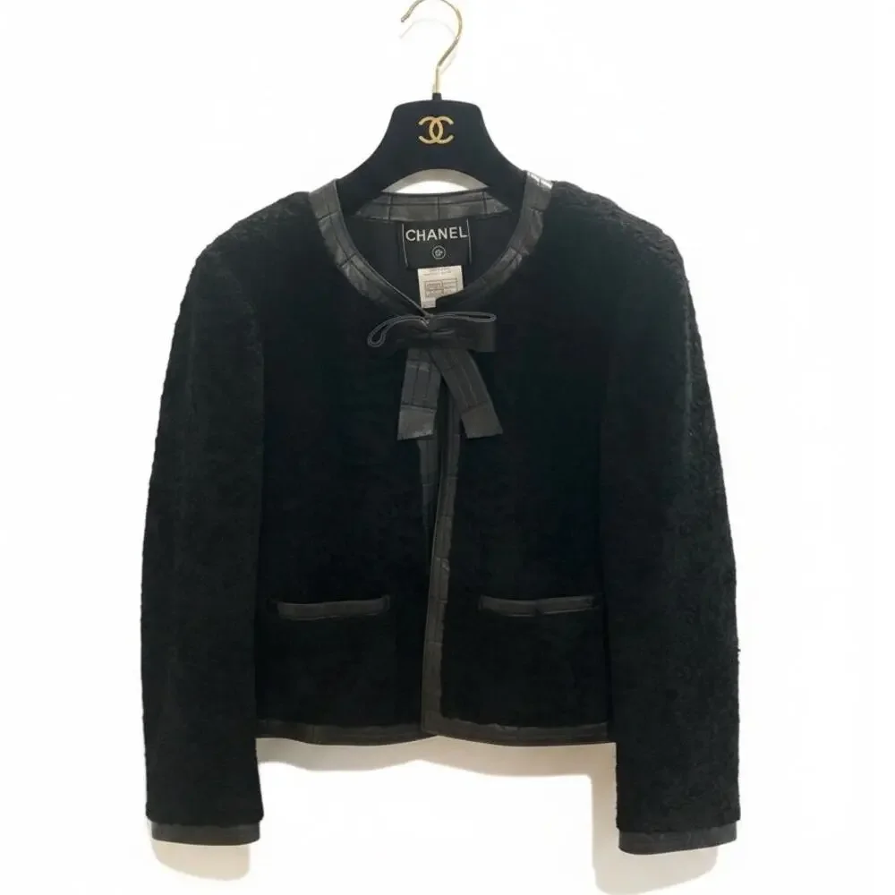 Chanel 2003 Lambskin Leather Bow Cropped Jacket Black‎ Size 42